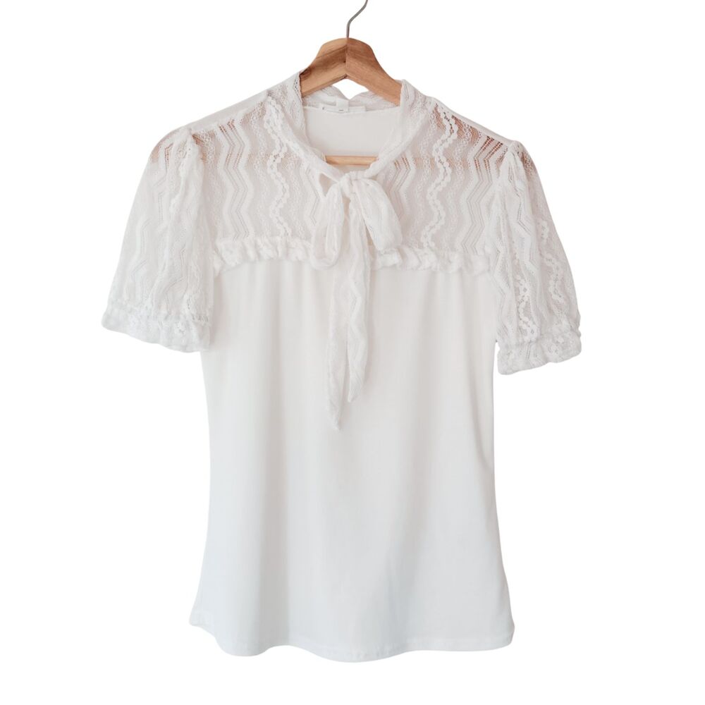 MINE Romantic Coquette Lace Bow SemiSheer Soft Girl Blouse Size S Ethereal Twee